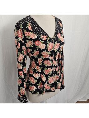 90s vtg Moulin Rouge Bejeweled Dangle Peplum Button Down Carole Little MEDIUM